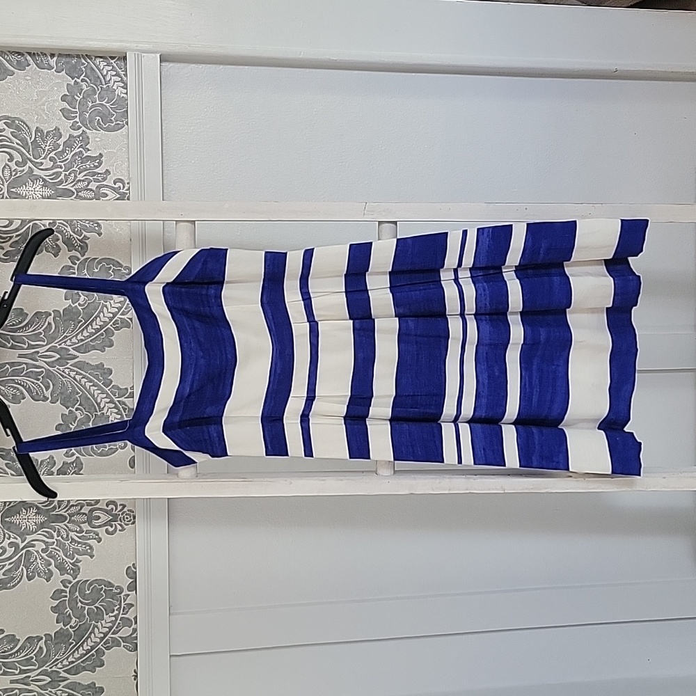 Loft Size 2 Women's Dress Blue White Stripes Zipper Wide Straps Lined Pleated